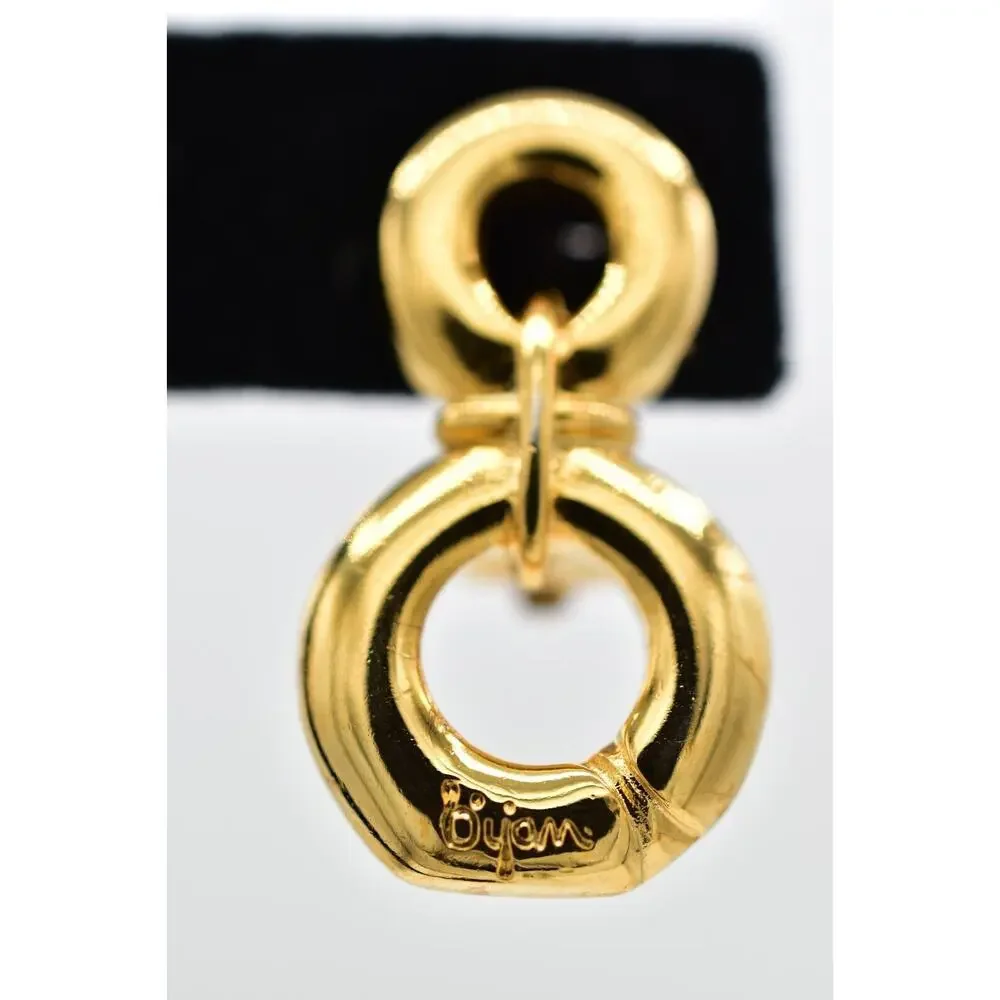 Bijan Vintage Clip On Earrings Chunky Gold Dangle Door Knocker Signed 1980s 9L